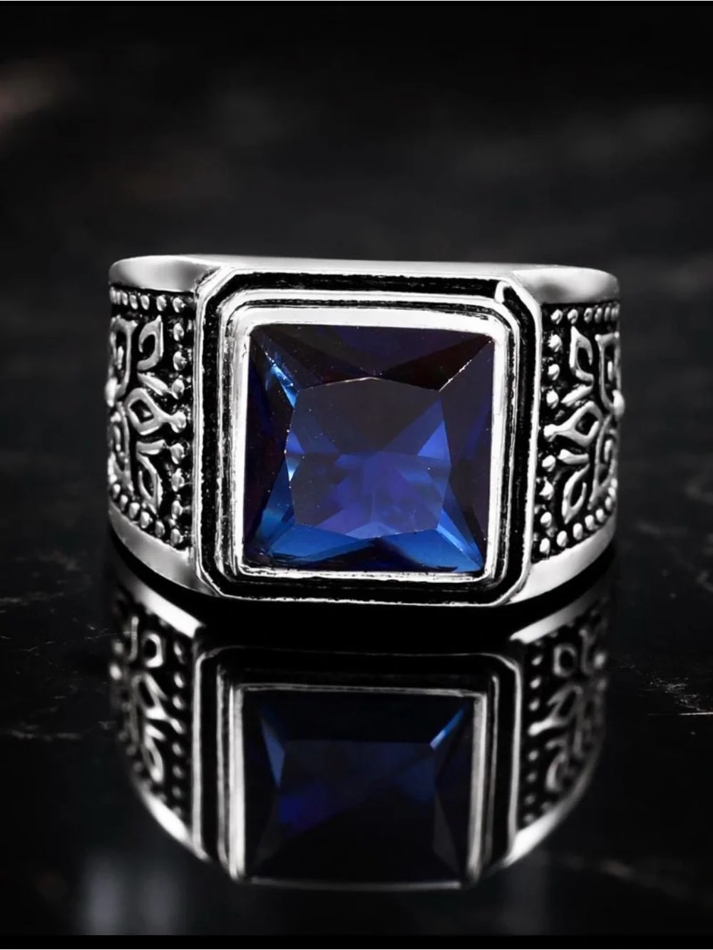 Men's 925 Silver Ring with Blue Square Gem